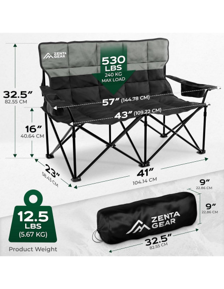Silla de Camping Doble ZENTA GEAR Plegable 240 kg Acolchada Silla de Camping Doble ZENTA GEAR Plegable 240 kg Acolchada