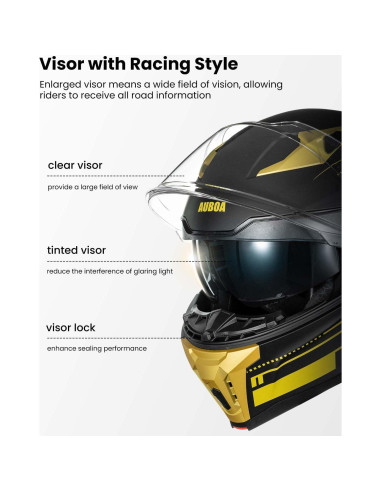 Casco Modular Abatible Auboa 928 Doble Visor Negro Dorado S
