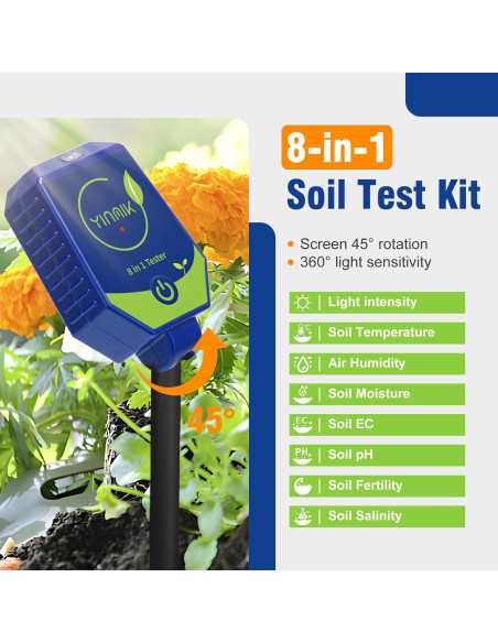 Kit de Prueba de Suelo YINMIK 8 en 1 pH Humedad EC Luz