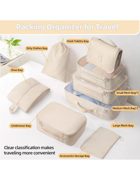 Juego de 10 Cubos de Empaque LUCDNC - Organizador de Viaje Beige