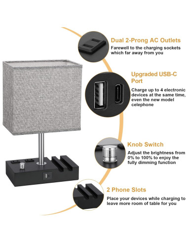 Lámpara de Mesita de Noche Regulable Kakanuo con USB-C Gris