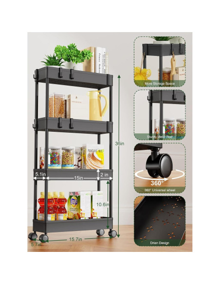 Carrito de Almacenamiento Rodante LEHOM 4 Niveles Negro 13 cm