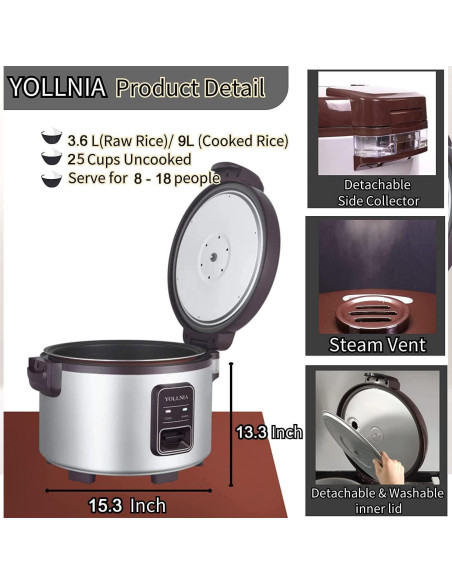 Cocedor de Arroz YOLLNIA 9L 1200W para Restaurante 45 Tazas
