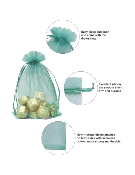 100 Bolsas de Organza Teal 13x18 cm con Cierre de Cuerda