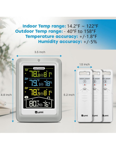 Termómetro Inalámbrico U UNNI UN0582CS con 3 Sensores y Pantalla 4.5"