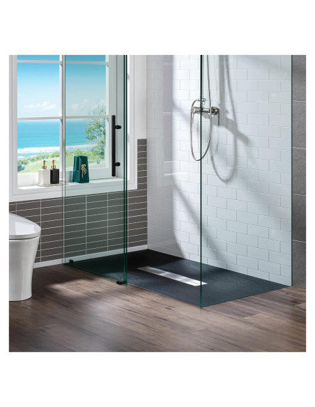 Base de Ducha 48x81 cm Negra Woodbridge Drenaje Central Acceso Silla