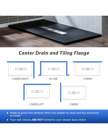 Base de Ducha 48x81 cm Negra Woodbridge Drenaje Central Acceso Silla