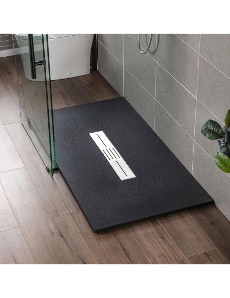 Base de Ducha 48x81 cm Negra Woodbridge Drenaje Central Acceso Silla