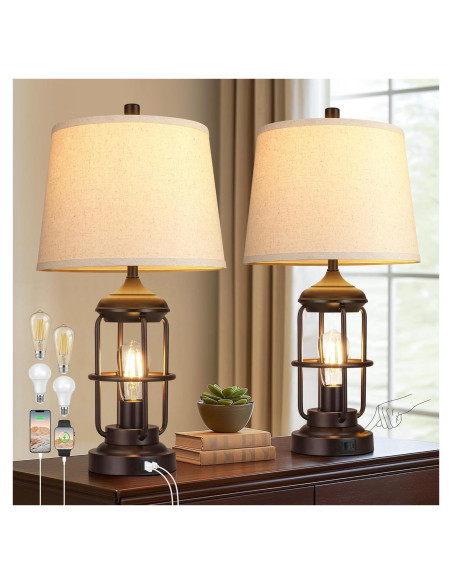 Lámpara de Mesa Qimh Juego de 2 con Puertos USB y Luz Nocturna