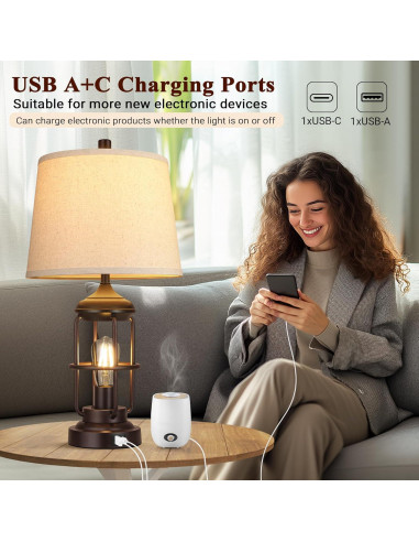 Lámpara de Mesa Qimh Juego de 2 con Puertos USB y Luz Nocturna