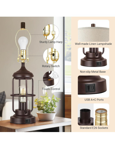 Lámpara de Mesa Qimh Juego de 2 con Puertos USB y Luz Nocturna