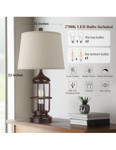 Lámpara de Mesa Qimh Juego de 2 con Puertos USB y Luz Nocturna