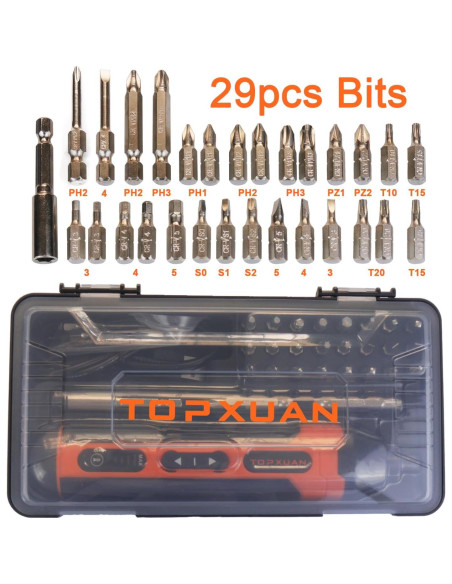 Destornillador Eléctrico TOPXUAN 4V con Set de 29 Piezas