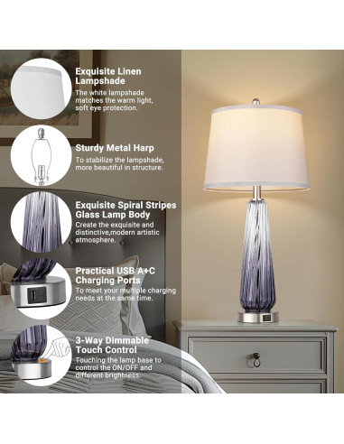 Lámpara de Mesa de Vidrio Qimh 69.85 cm con USB y Táctil