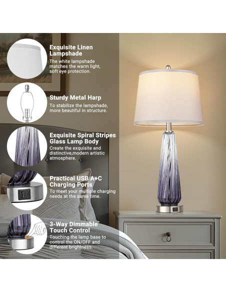 Lámpara de Mesa de Vidrio Qimh 69.85 cm con USB y Táctil