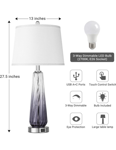 Lámpara de Mesa de Vidrio Qimh 69.85 cm con USB y Táctil