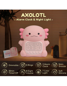 Reloj Despertador Digital Yiliaw Axolotl Rosa con Luz 7 Colores 2