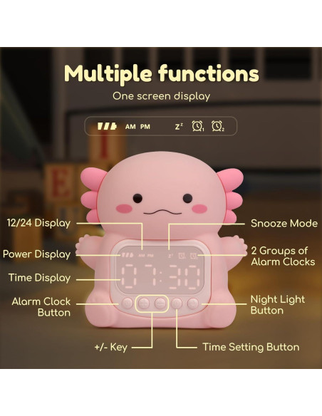 Reloj Despertador Digital Yiliaw Axolotl Rosa con Luz 7 Colores