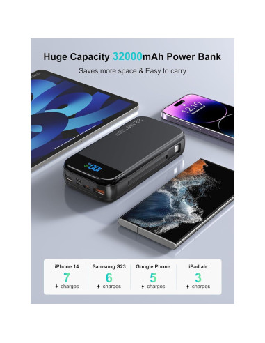 Cargador Portátil LENGSUM 32000mAh con Cables Integrados