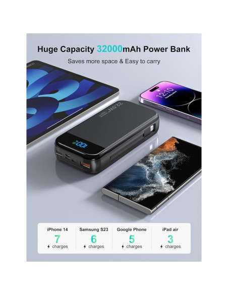 Cargador Portátil LENGSUM 32000mAh con Cables Integrados