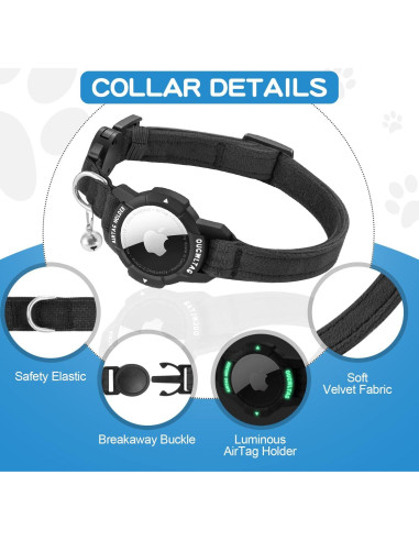 Collar GPS para Gato OUCWLTAG con Soporte AirTag Negro 17.78-25.4 cm