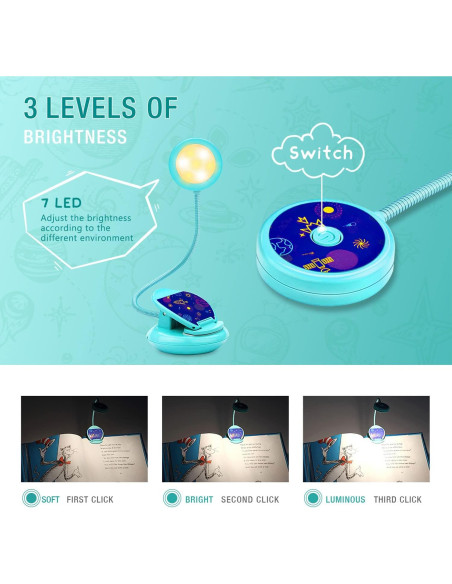 Lámpara de Libro Recargable Vekkia Azul, Luz de Lectura 3 Brillos
