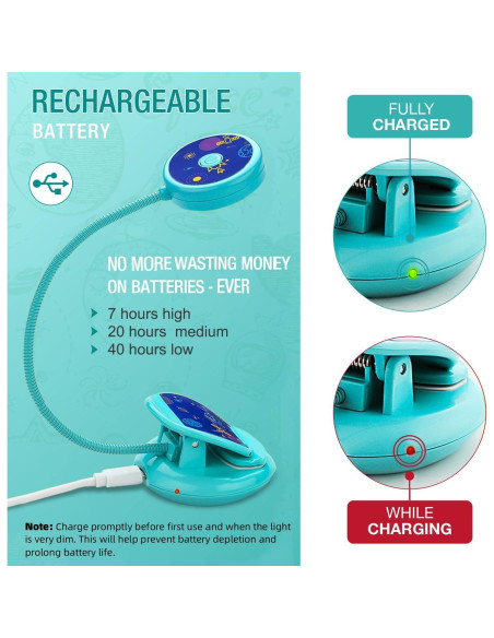 Lámpara de Libro Recargable Vekkia Azul, Luz de Lectura 3 Brillos