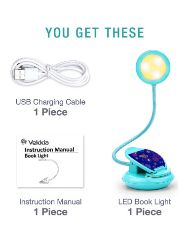 Lámpara de Libro Recargable Vekkia Azul, Luz de Lectura 3 Brillos