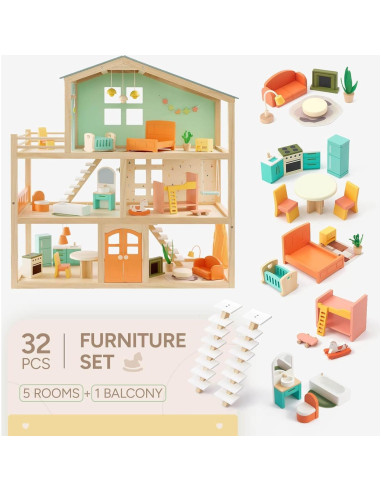 Casa de Muñecas de Madera Giant Bean 3 Pisos 32 Accesorios