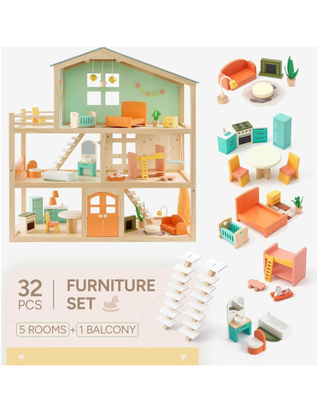 Casa de Muñecas de Madera Giant Bean 3 Pisos 32 Accesorios