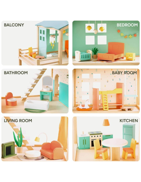 Casa de Muñecas de Madera Giant Bean 3 Pisos 32 Accesorios