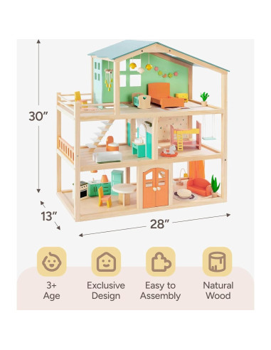 Casa de Muñecas de Madera Giant Bean 3 Pisos 32 Accesorios