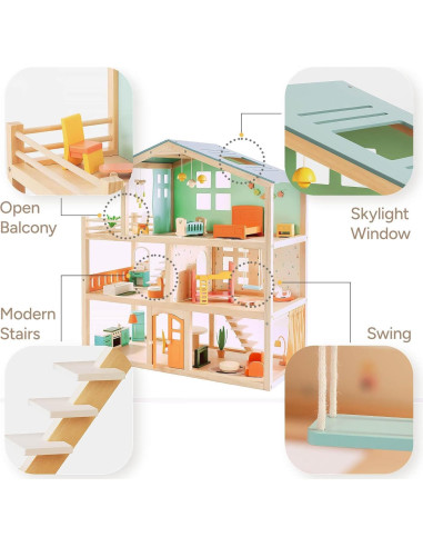 Casa de Muñecas de Madera Giant Bean 3 Pisos 32 Accesorios