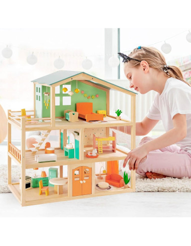 Casa de Muñecas de Madera Giant Bean 3 Pisos 32 Accesorios