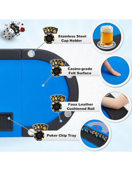 Mesa de Póker ECOTOUGE Ovalada Azul 8 Jugadores Plegable