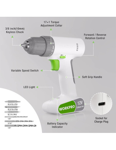 Taladro Inalámbrico WORKPRO 12V con 6 Brocas y Luz LED
