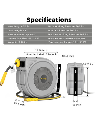 Carrete de Manguera de Aire Retráctil GLAHODEN 3/8" x 15.24 m