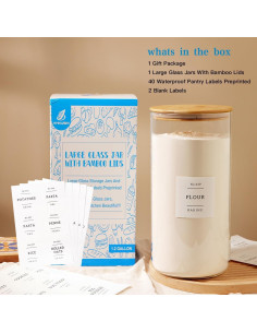 Tarro de Almacenamiento de Vidrio 4.54L con Tapa de Bambú y Etiquetas 2