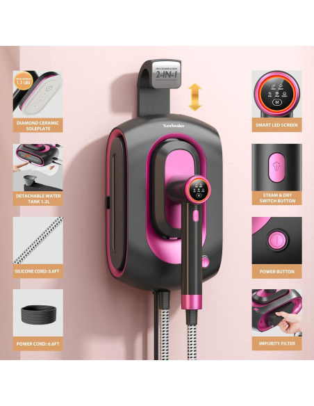 Estación de Vapor Newbealer Pro 1550W 2 en 1 Rosa Ceniza