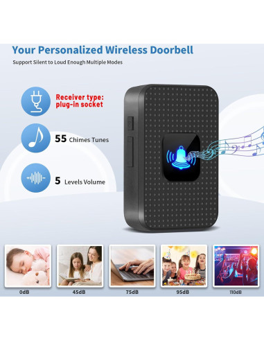 Timbre Inalámbrico Nestling IP55 Negro - 300m, 55 Timbres