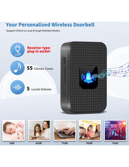 Timbre Inalámbrico Nestling IP55 Negro - 300m, 55 Timbres