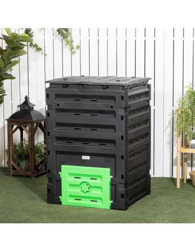 Bin de Compostaje Outsunny 120 Galones 450L Negro con 80 Ventilaciones