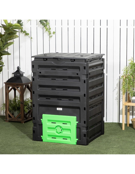 Bin de Compostaje Outsunny 120 Galones 450L Negro con 80 Ventilaciones