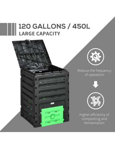 Bin de Compostaje Outsunny 120 Galones 450L Negro con 80 Ventilaciones