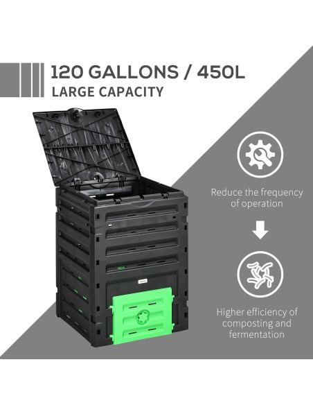 Bin de Compostaje Outsunny 120 Galones 450L Negro con 80 Ventilaciones