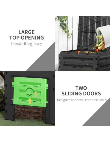 Bin de Compostaje Outsunny 120 Galones 450L Negro con 80 Ventilaciones