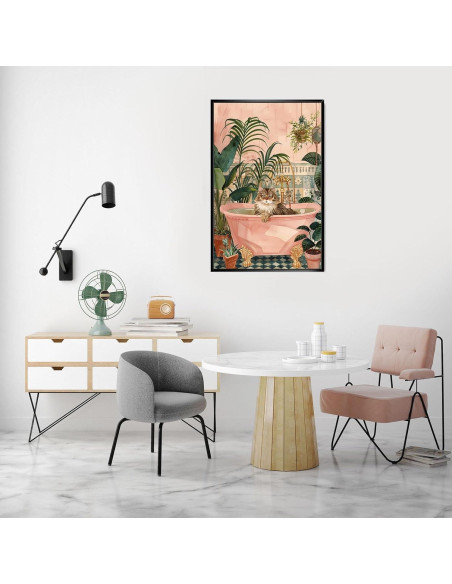 Cartel Decorativo de Gato en Baño Rosa 20x25cm Enmarcado