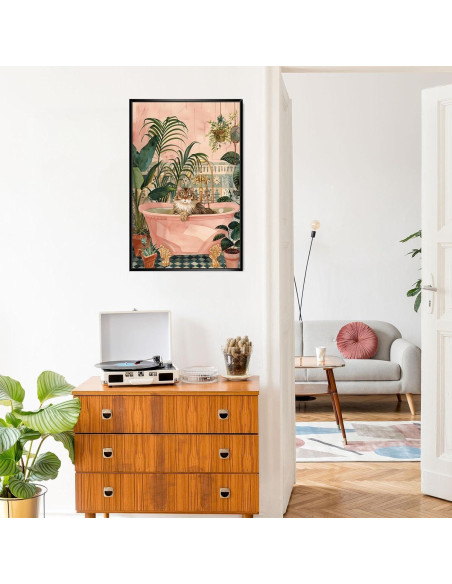 Cartel Decorativo de Gato en Baño Rosa 20x25cm Enmarcado