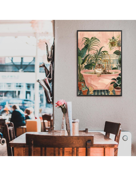 Cartel Decorativo de Gato en Baño Rosa 20x25cm Enmarcado