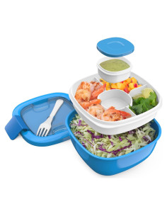 Contenedor de Ensalada Bentgo Azul 1.6L con Bandeja 4 Compartimentos